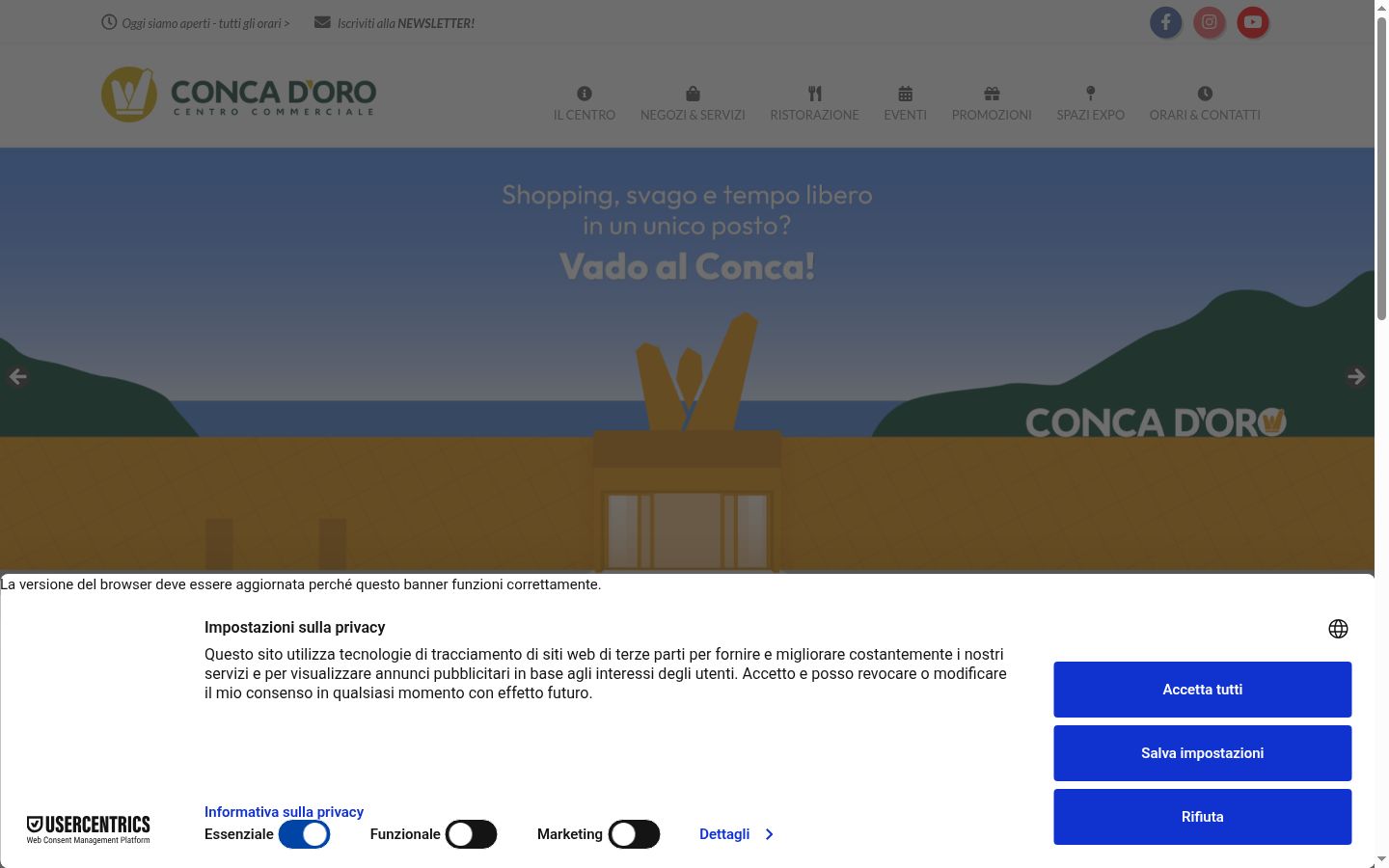 Screenshot del banner di consenso mostrato prima di qualsiasi interazione