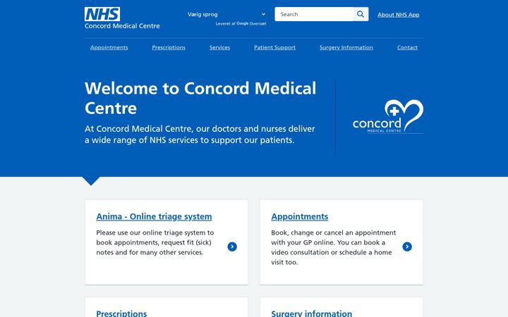 Screenshot of concordmedicalcentre.nhs.uk
