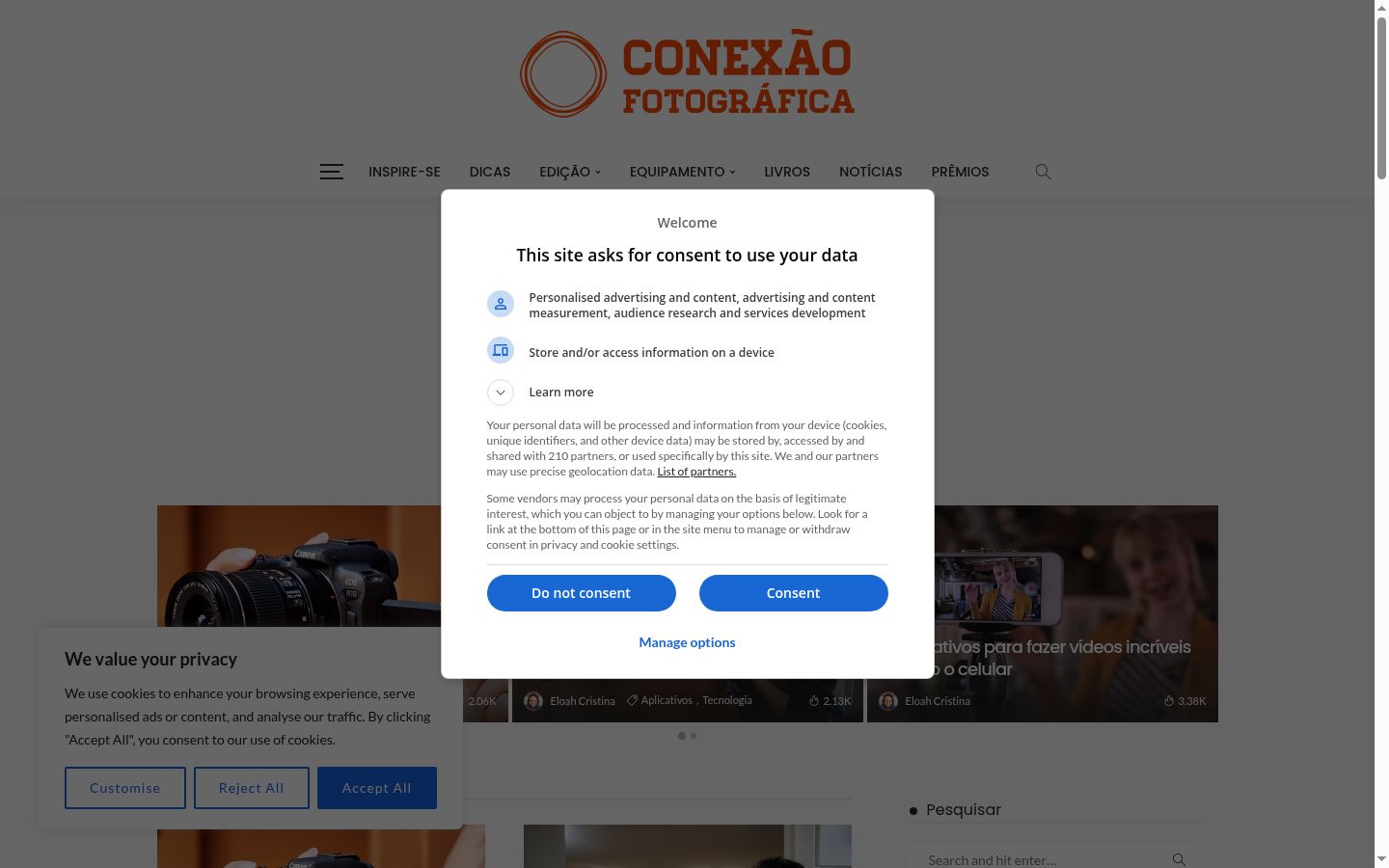 Screenshot del banner di consenso mostrato prima di qualsiasi interazione