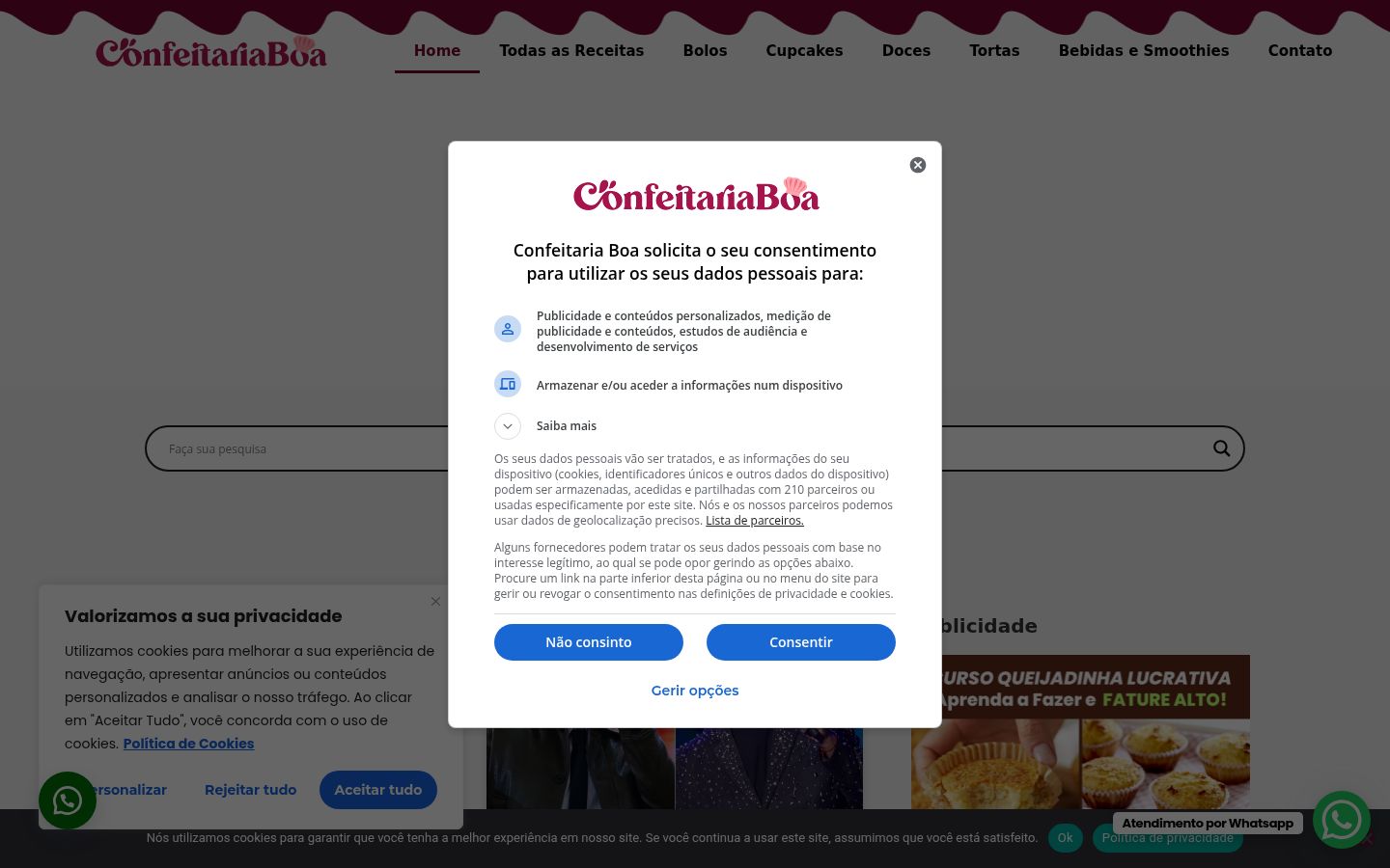 Screenshot del banner di consenso mostrato prima di qualsiasi interazione