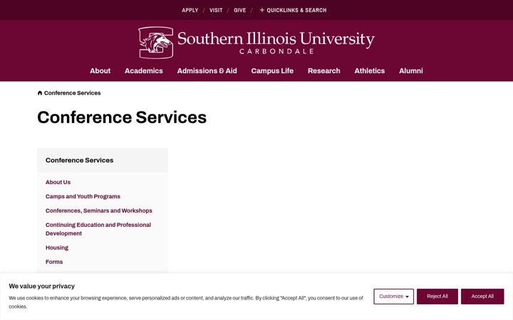 Screenshot of conferenceservices.siu.edu