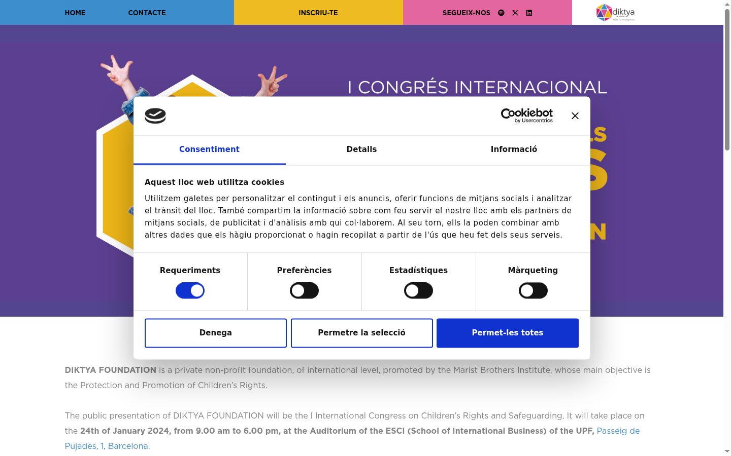 Captura de pantalla del banner de consentimiento mostrado antes de cualquier interacción