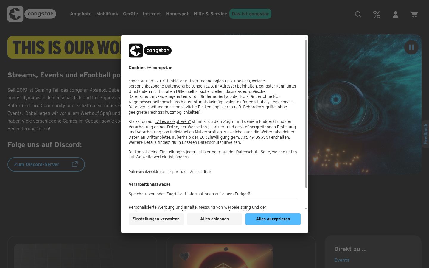 Screenshot del banner di consenso mostrato prima di qualsiasi interazione