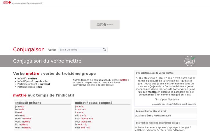 Screenshot of conjugaison.ouest-france.fr
