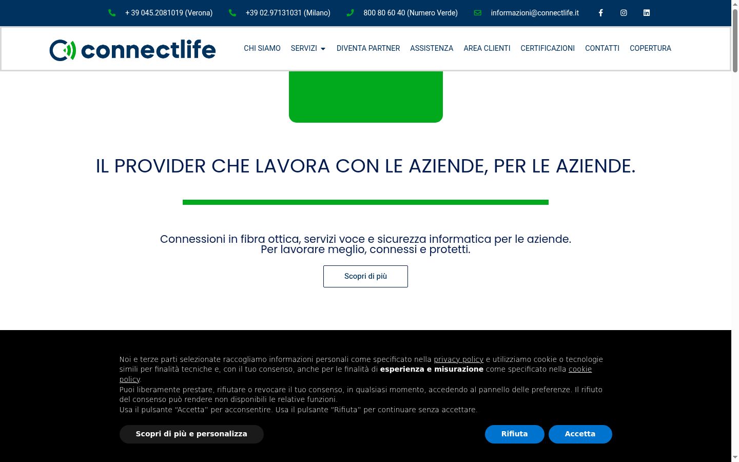 Screenshot del banner di consenso mostrato prima di qualsiasi interazione