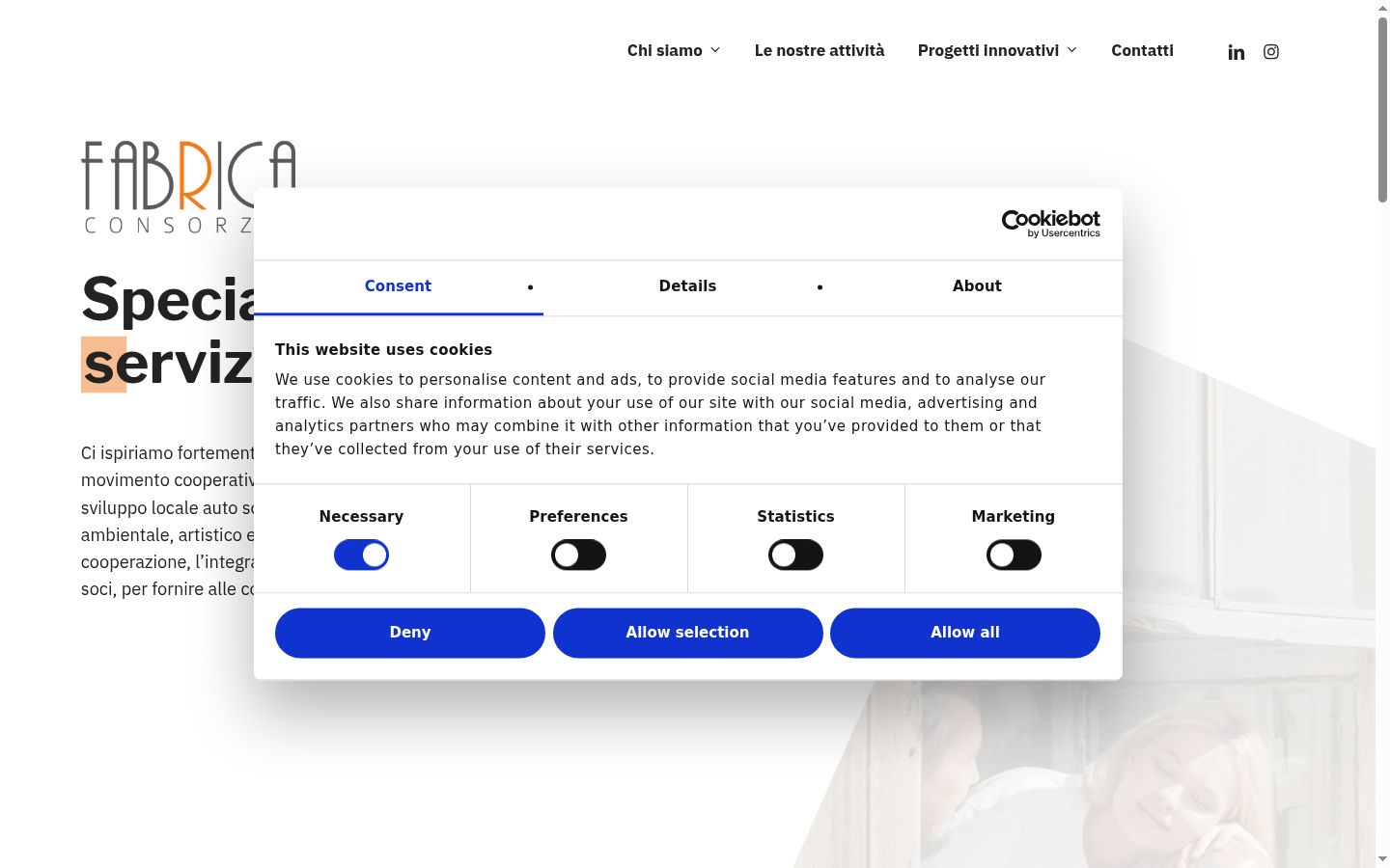 Screenshot del banner di consenso mostrato prima di qualsiasi interazione