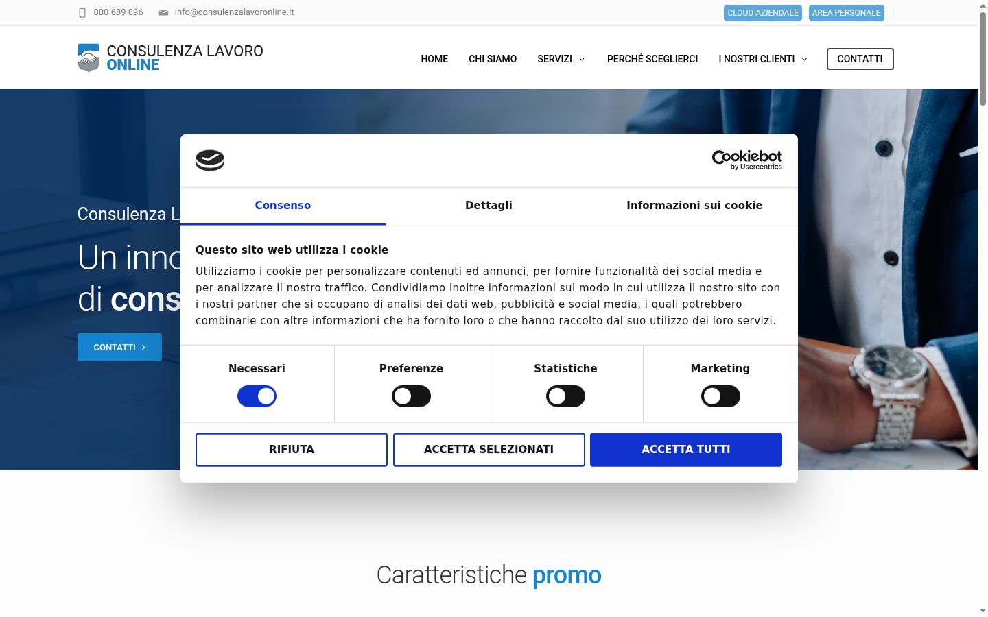 Screenshot del banner di consenso mostrato prima di qualsiasi interazione