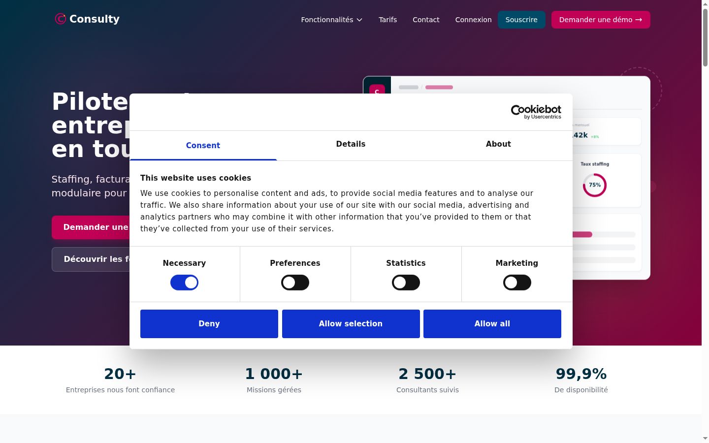 Screenshot del banner di consenso mostrato prima di qualsiasi interazione