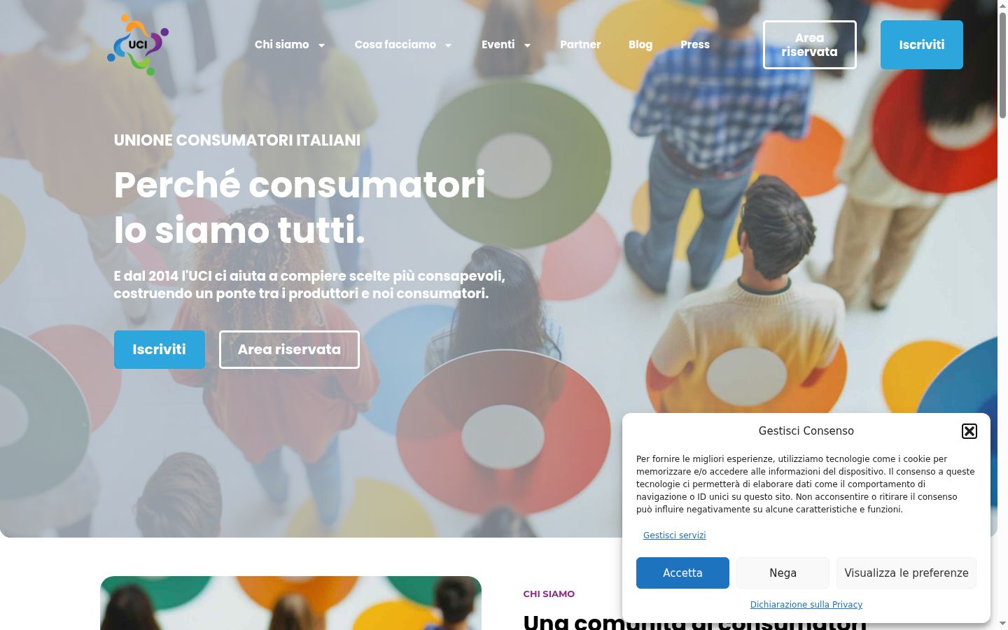 Screenshot del banner di consenso mostrato prima di qualsiasi interazione