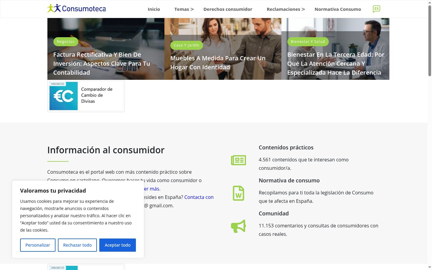 Captura de pantalla del banner de consentimiento mostrado antes de cualquier interacción