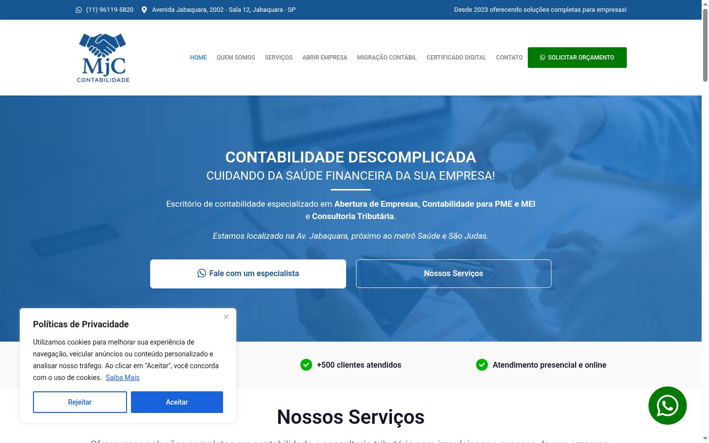 Captura de ecrã do banner de consentimento apresentado antes de qualquer interação