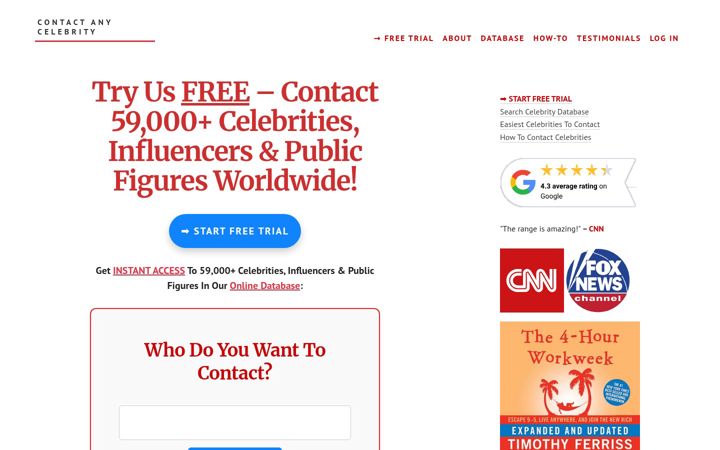Screenshot of contactanycelebrity.com