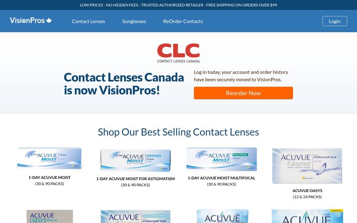 Screenshot of contactlensescanada.com