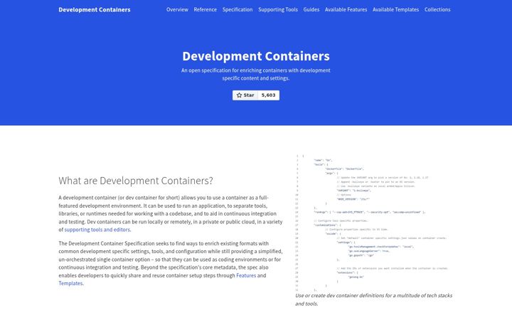 Screenshot of containers.dev