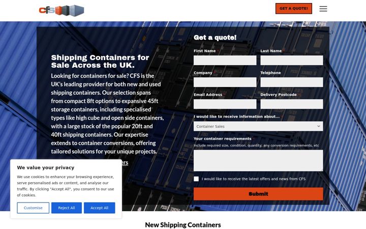 Screenshot of containersforsale.co.uk