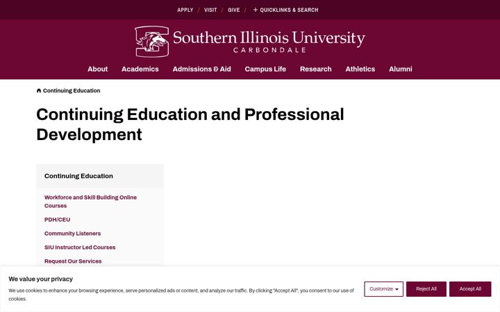 Screenshot von continuinged.siu.edu