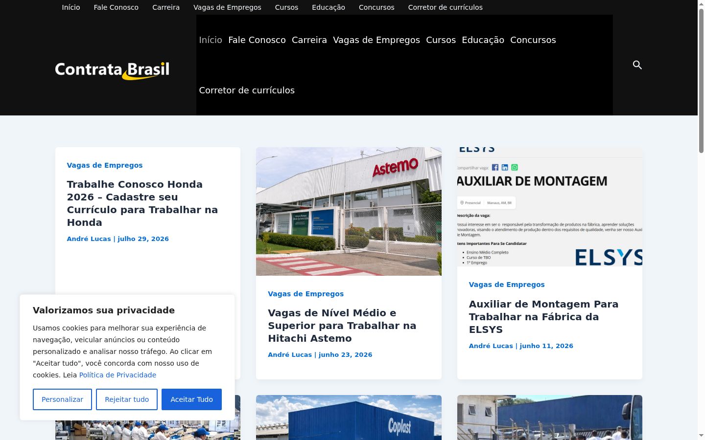 Captura de ecrã do banner de consentimento apresentado antes de qualquer interação