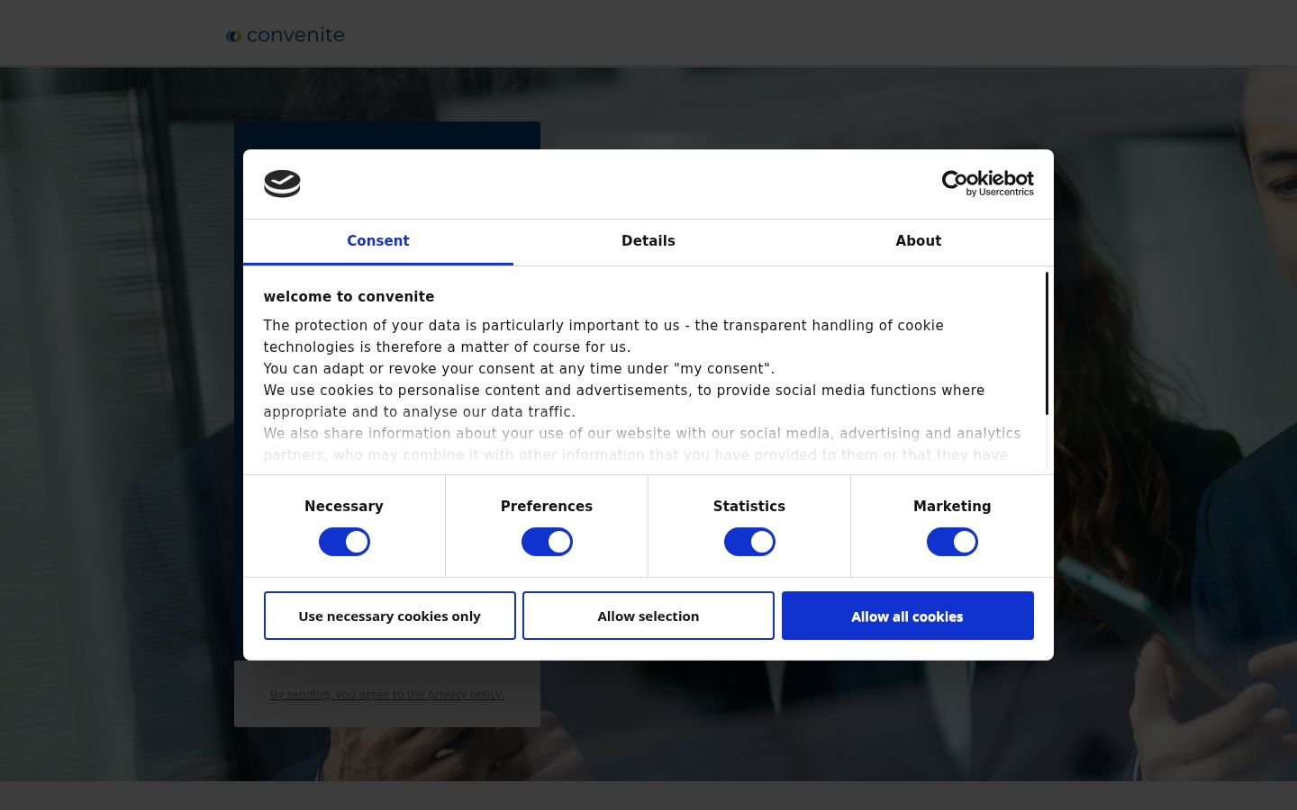 Captura de ecrã do banner de consentimento apresentado antes de qualquer interação