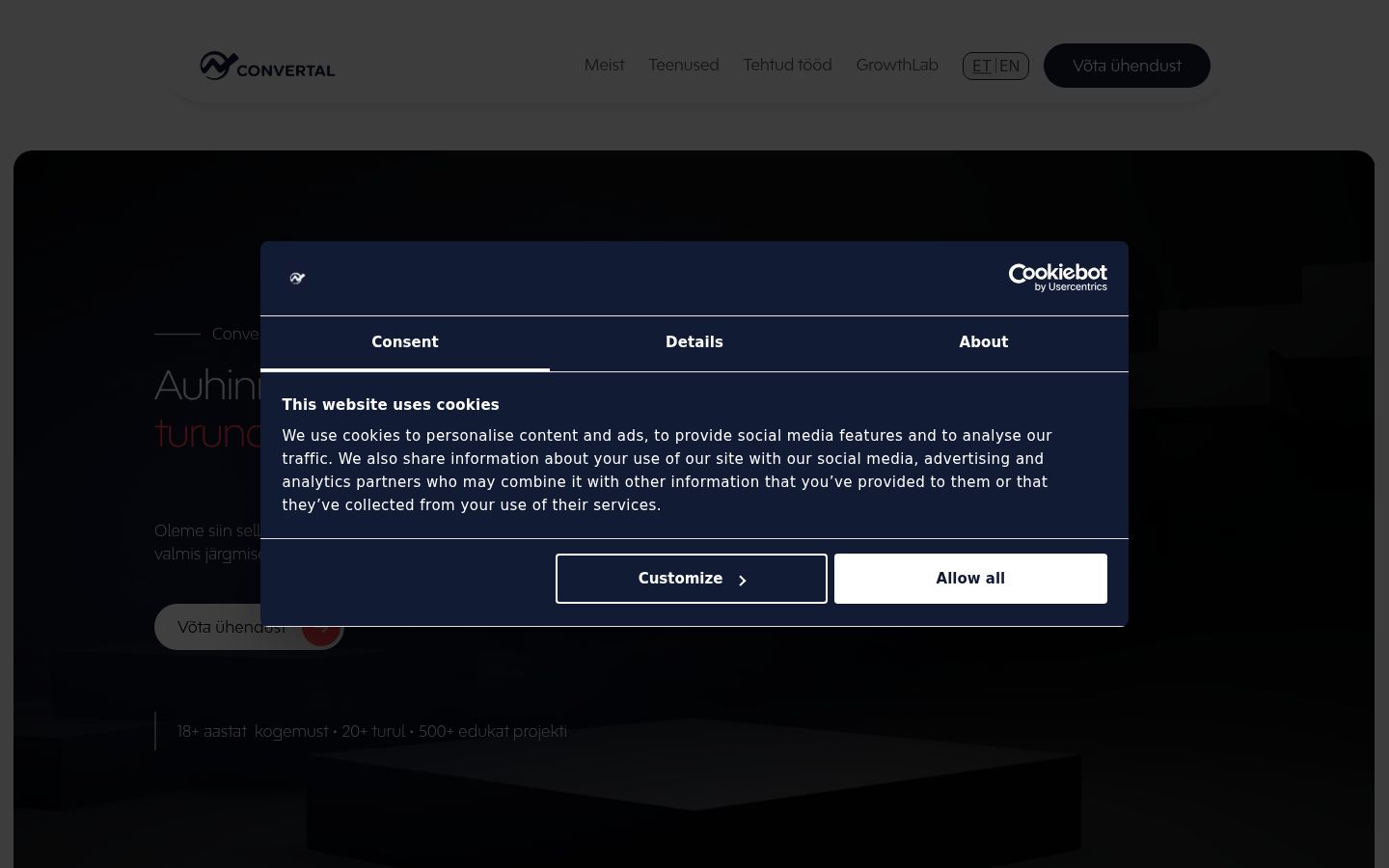 Screenshot del banner di consenso mostrato prima di qualsiasi interazione