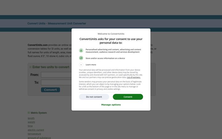 Screenshot ta' convertunits.com