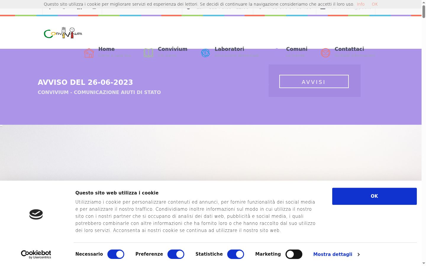 Screenshot del banner di consenso mostrato prima di qualsiasi interazione