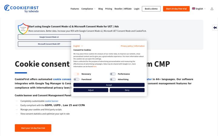 Captură de ecran a cookiefirst.com