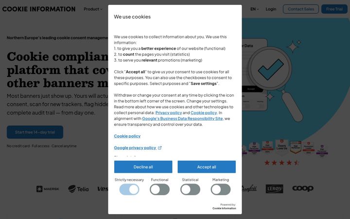 Snimka zaslona za cookieinformation.com