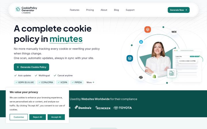 Screenshot of cookiepolicygenerator.ai