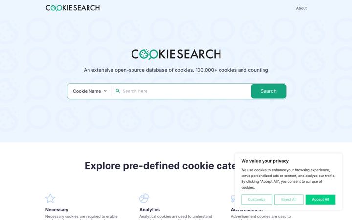 Screenshot of cookiesearch.org