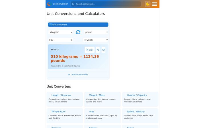 Ekrānuzņēmums no coolconversion.com