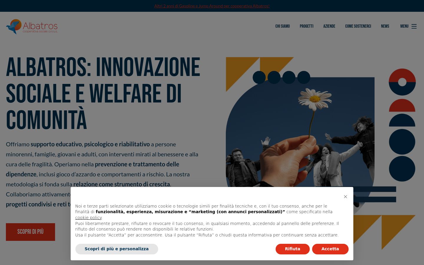 Screenshot del banner di consenso mostrato prima di qualsiasi interazione