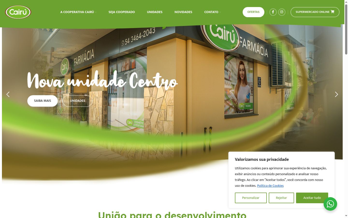 Captura de ecrã do banner de consentimento apresentado antes de qualquer interação