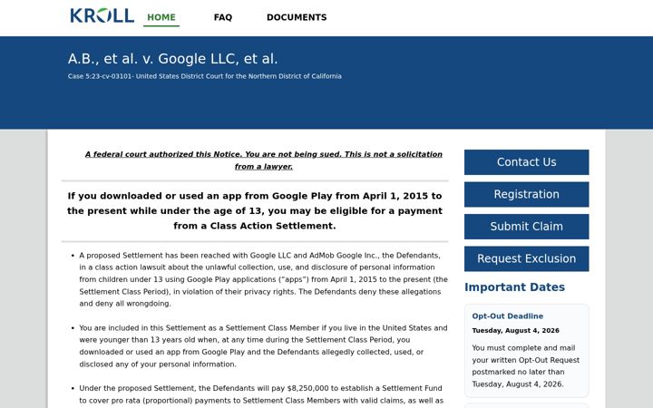 Screenshot of coppaprivacyclassaction.com