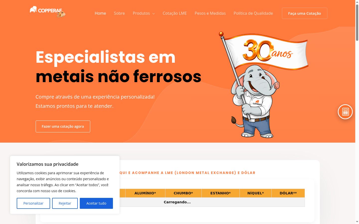 Captura de ecrã do banner de consentimento apresentado antes de qualquer interação