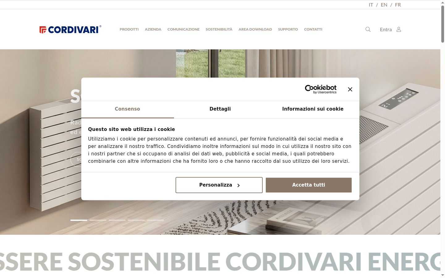 Screenshot del banner di consenso mostrato prima di qualsiasi interazione