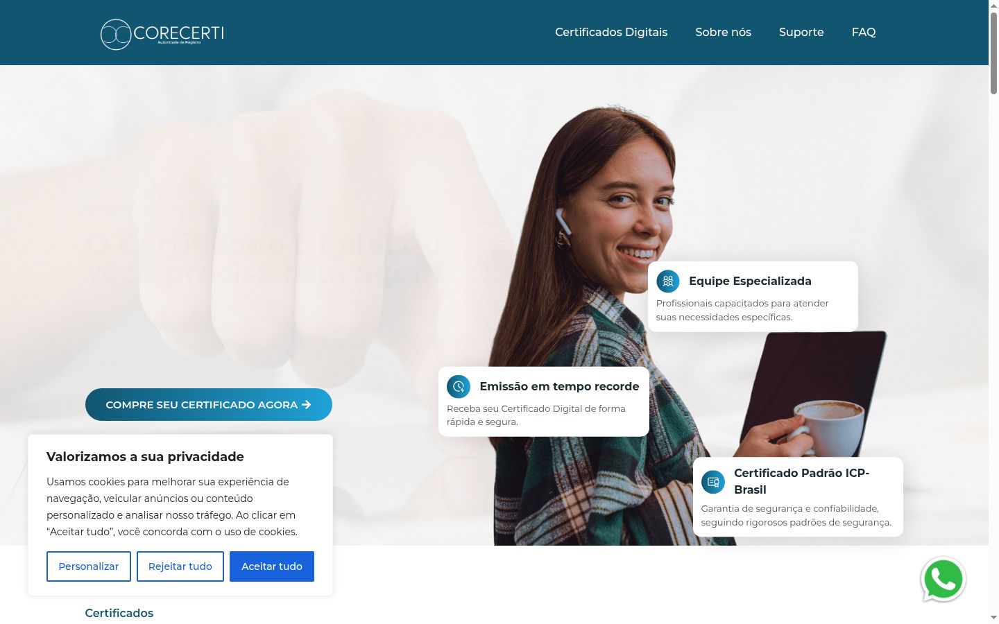 Captura de ecrã do banner de consentimento apresentado antes de qualquer interação