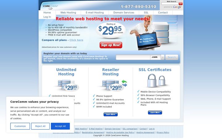 Screenshot of corecommhosting.com