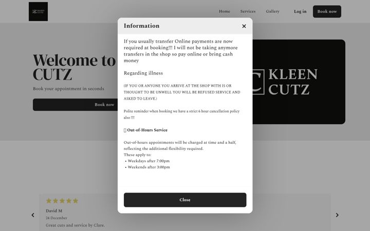 Screenshot of coreyskleencutz.co.uk