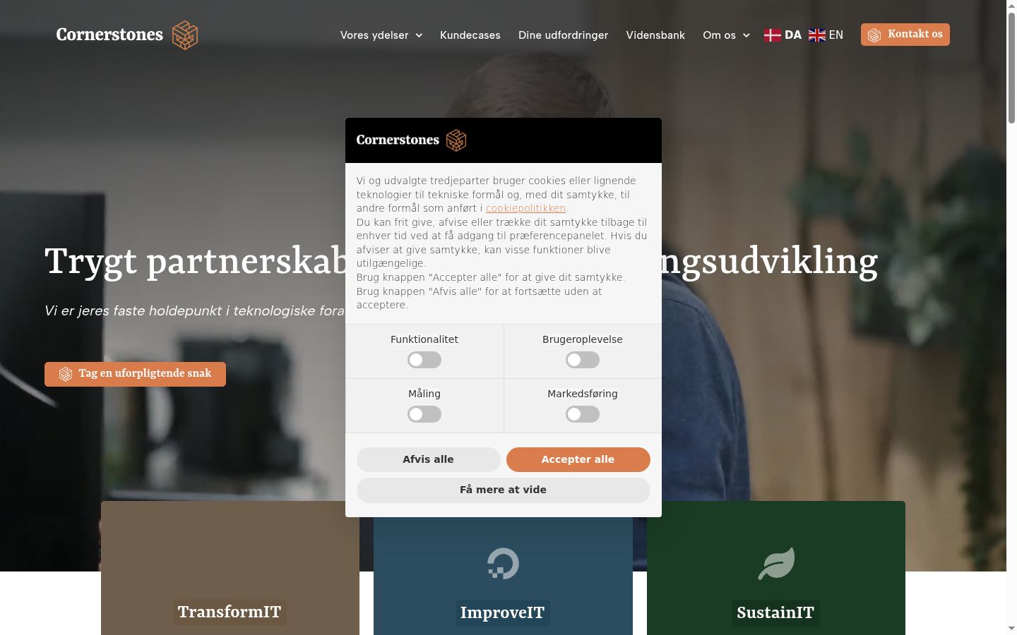 Skærmbillede af samtykkebanneret, som det blev vist før nogen interaktion
