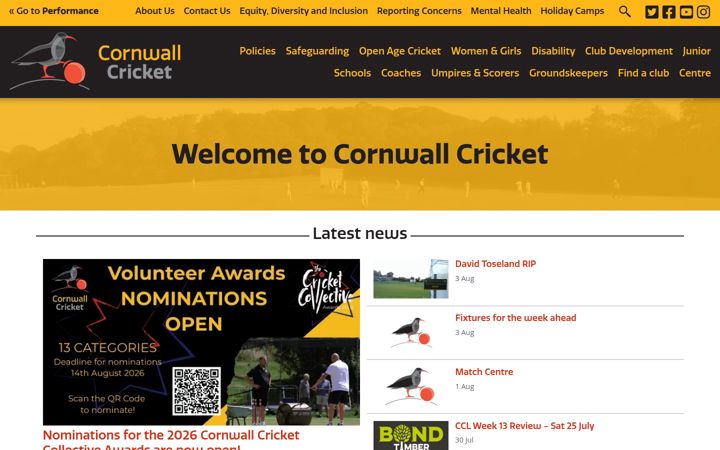 Snímek obrazovky cornwallcricket.co.uk