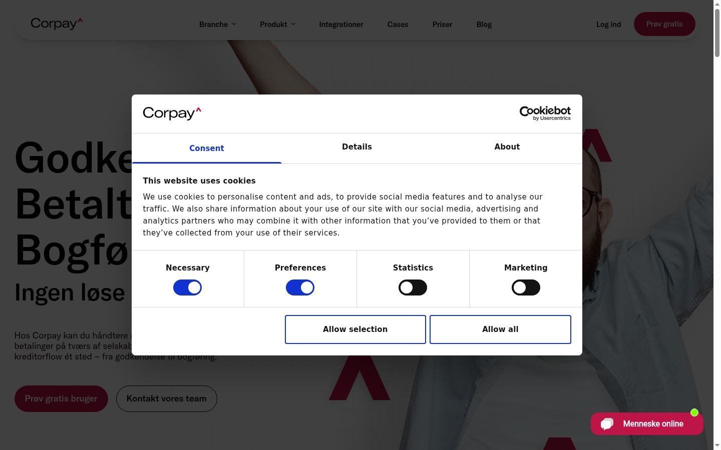 Screenshot del banner di consenso mostrato prima di qualsiasi interazione