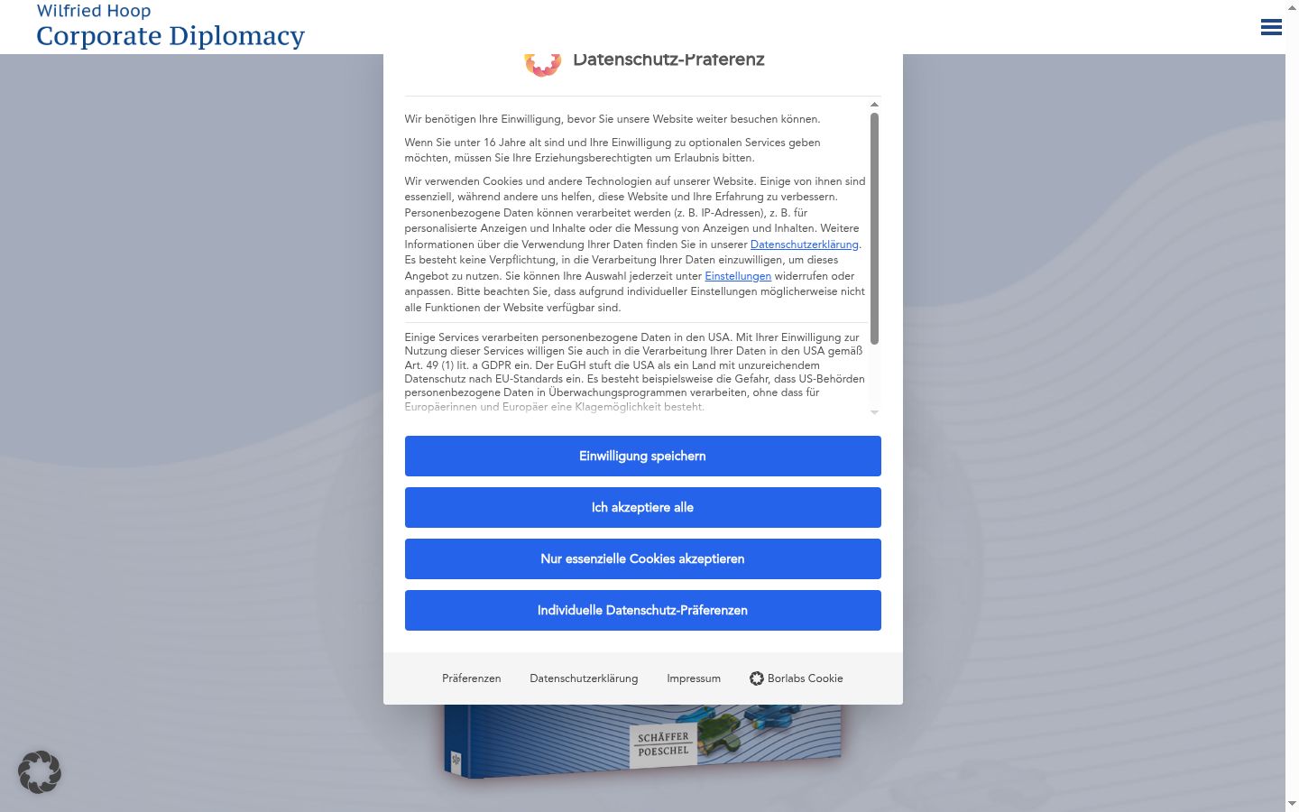 Screenshot del banner di consenso mostrato prima di qualsiasi interazione