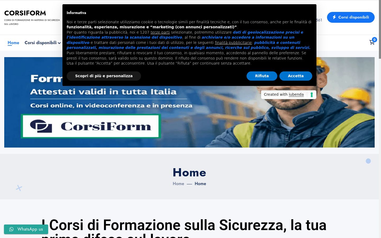 Screenshot del banner di consenso mostrato prima di qualsiasi interazione