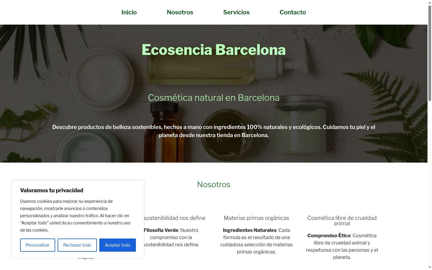 Captura de pantalla del banner de consentimiento mostrado antes de cualquier interacción