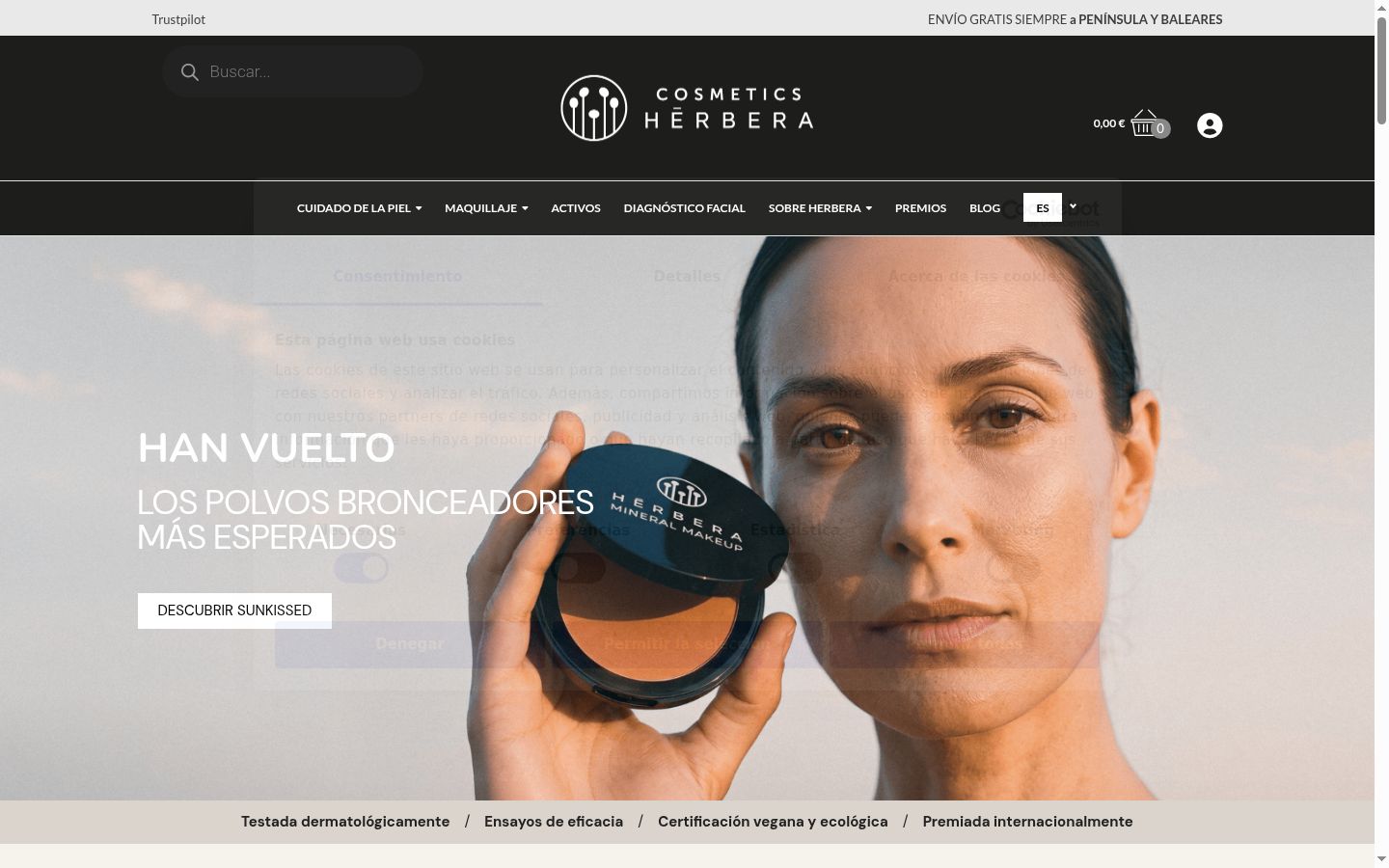 Captura de pantalla del banner de consentimiento mostrado antes de cualquier interacción