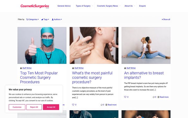 Captură de ecran a cosmeticsurgeries.co.uk