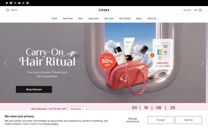 Kuvakaappaus sivustosta cosrx.com