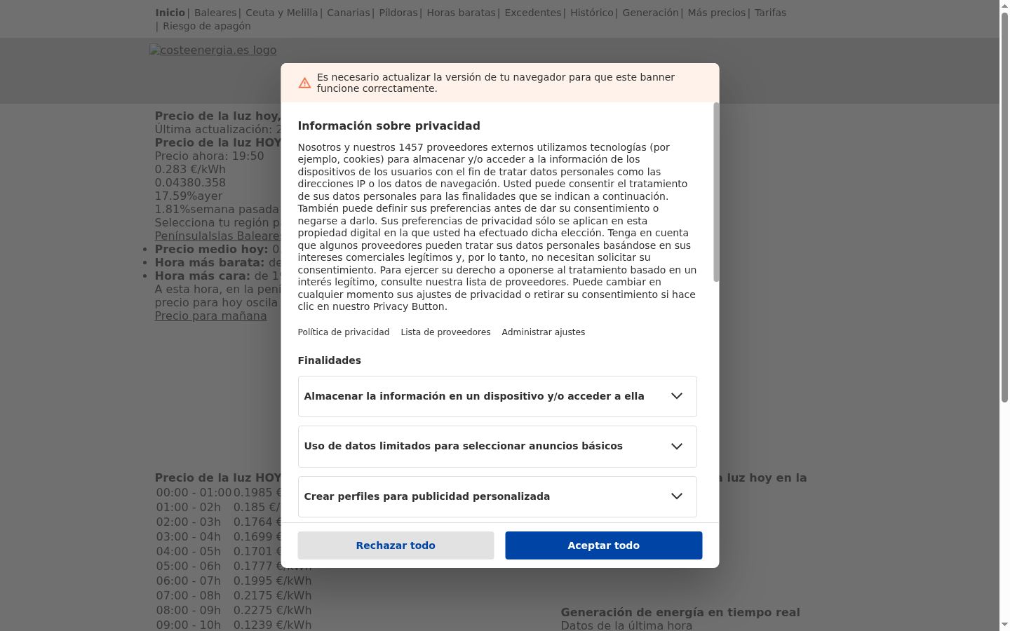 Captura de pantalla del banner de consentimiento mostrado antes de cualquier interacción