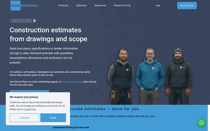 Skærmbillede af costestimator.co.uk
