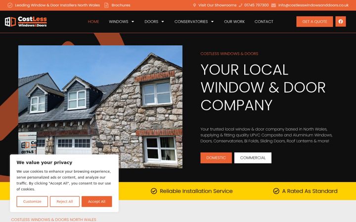 Screenshot of costlesswindowsanddoors.co.uk